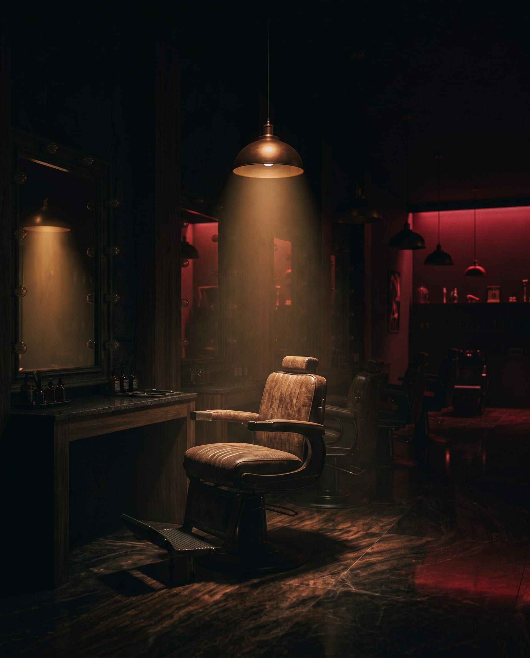 كرسي حلاقة فاخر تحت إضاءة دافئة في Red Gents Salon دبي